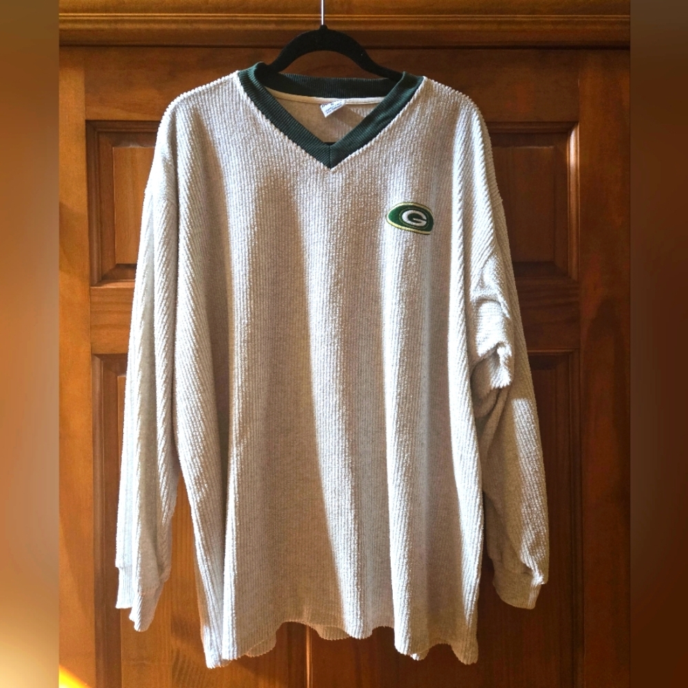 GREEN BAY PACKERS V-Neck Long Sleeve Shirt with Logo Gray SIZE XL